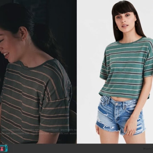 American Eagle Outfitters Annie’s Green Striped Tee on Sweet Magnolias Size S - Picture 1 of 8